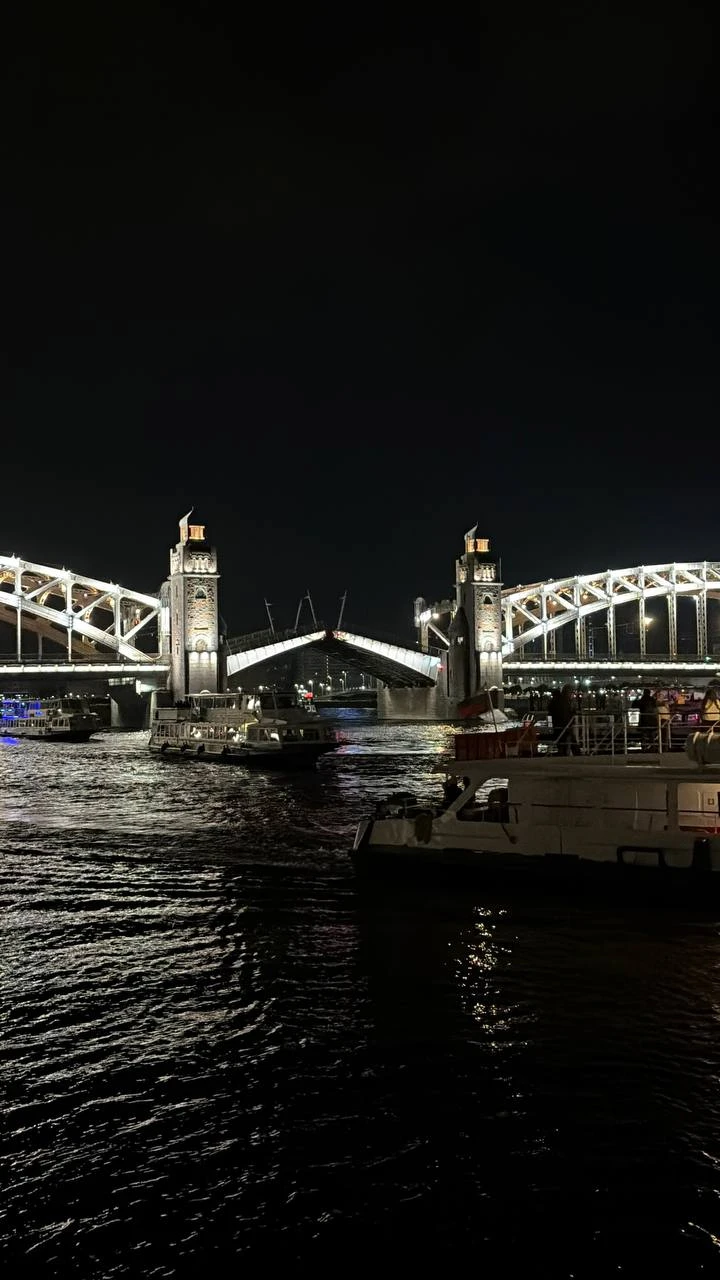 Ночь, улица, фонарь и теплоход, который идёт на разводку мостов