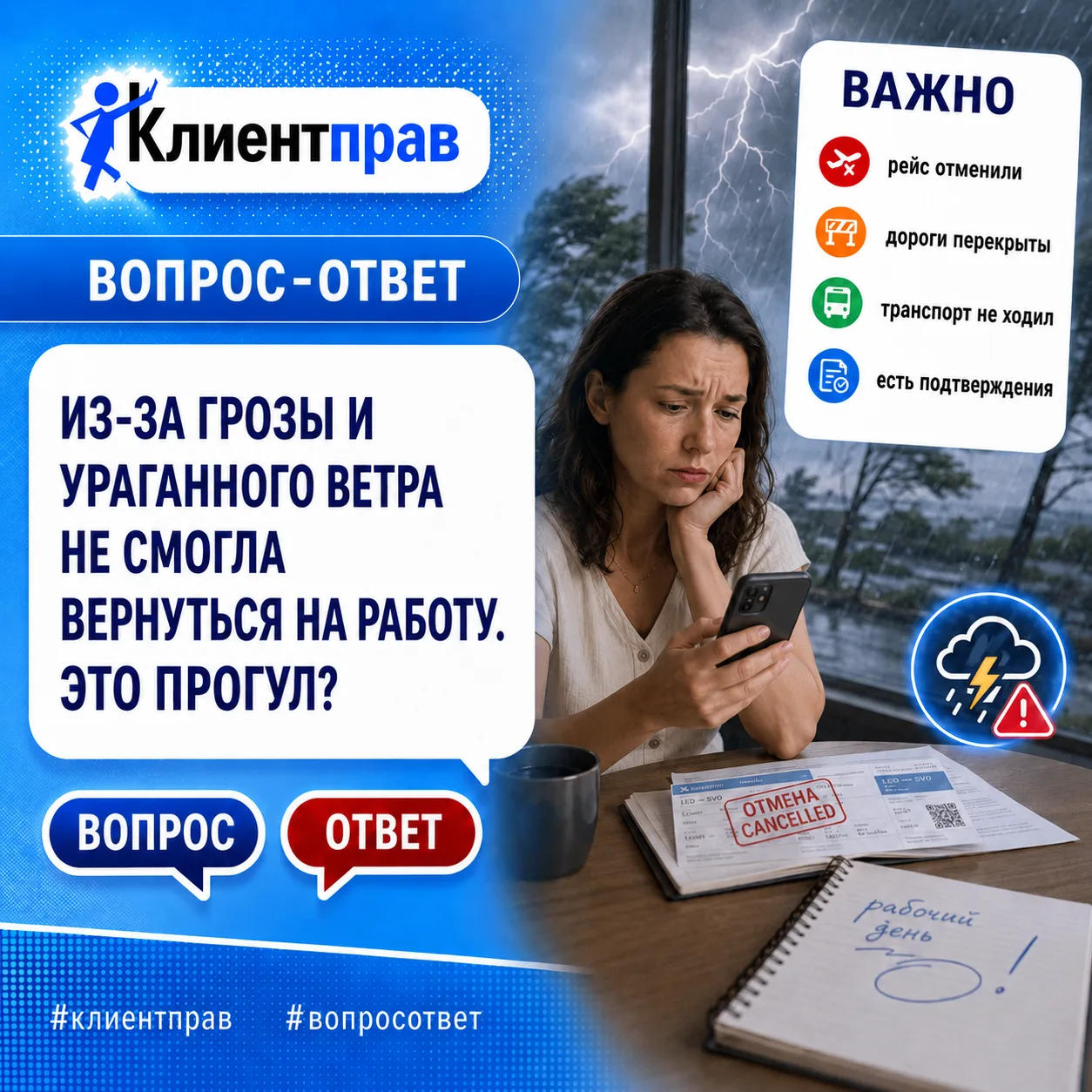 ❓Из-за сильнейшей грозы и ураганного ветра не смогла вернуться на работу: могут уволить за прогул?

