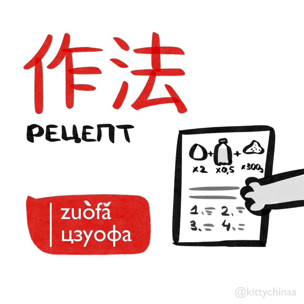 #рецепт (способ) – 作法 [zuòfǎ] 📝    Связанные слова:  1. Приправы 调料 (tiáoliào)  2. Выпечка 烘焙 (hóngb