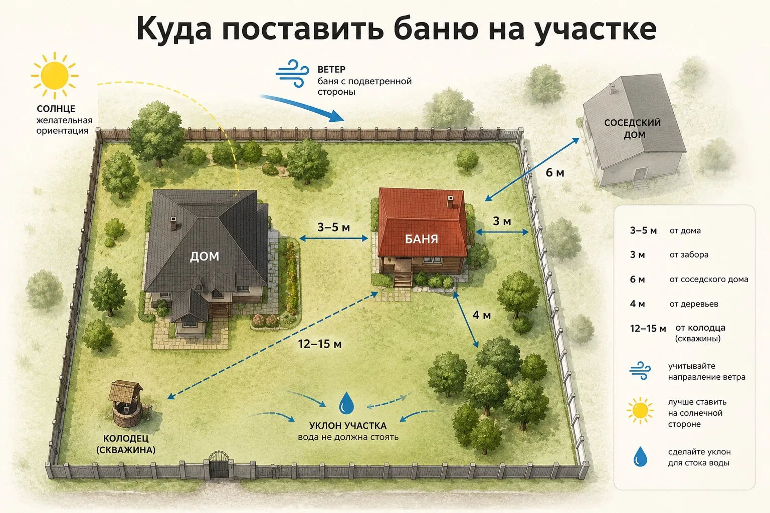 Как выбрать место для бани на участке? 🏠