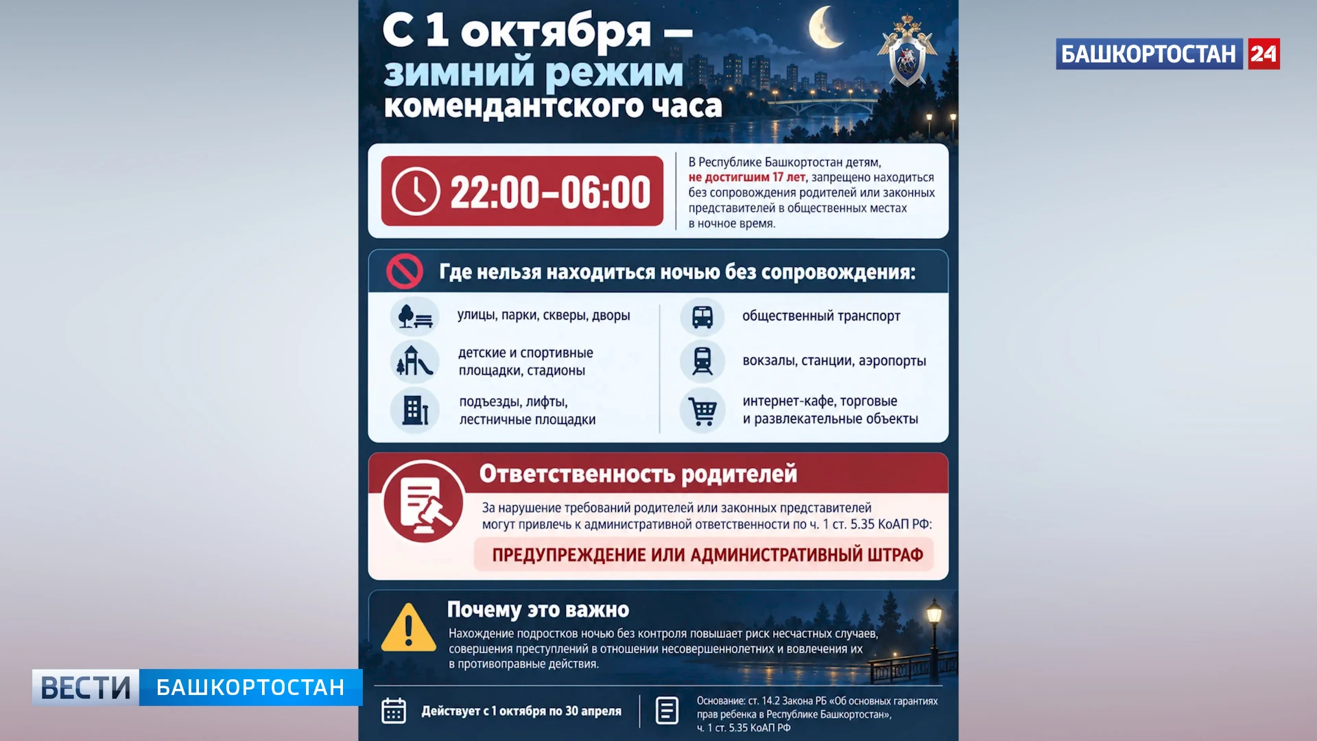 В Башкирии с 1 октября введен зимний комендантский час для несовершеннолетних