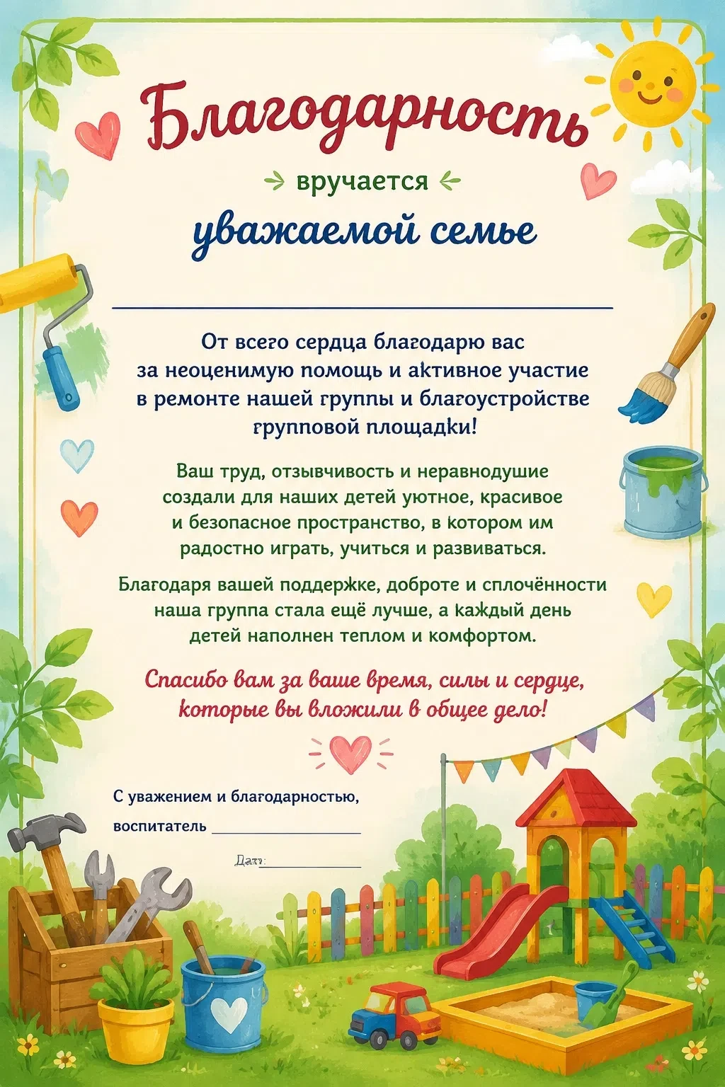 Благодарность семье за участие в ремонте и благоустройстве площадки
⠀
⚜️⚜️⚜️ ⚜️⚜️⚜️⚜️⚜️⚜️⚜️
⠀
Благод