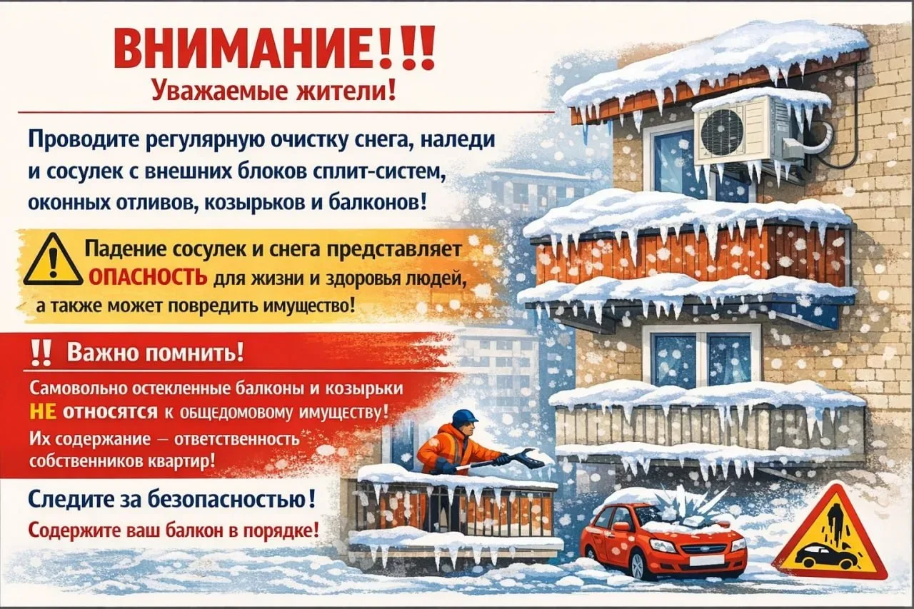 ВНИМАНИЕ! ‼️ Уважаемые жители! Просим вас регулярно проводить очистку от снега, наледи и сосулек вне