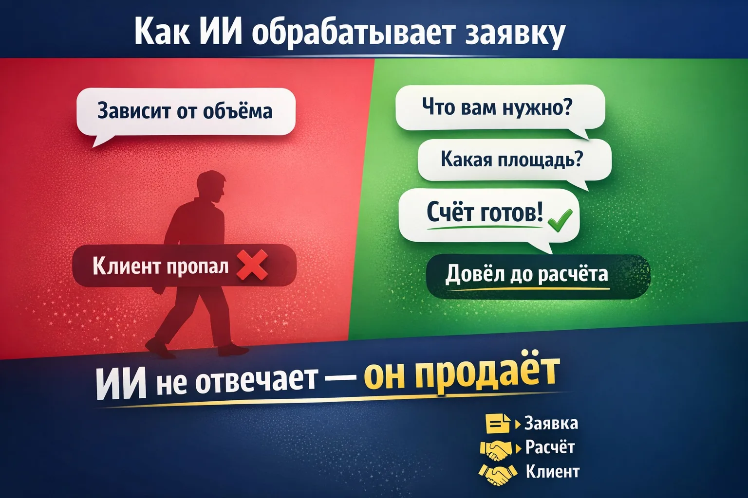 Как ИИ обрабатывает заявку (реальный сценарий)

Клиент пишет:
— Здравствуйте, сколько стоит?

Как об