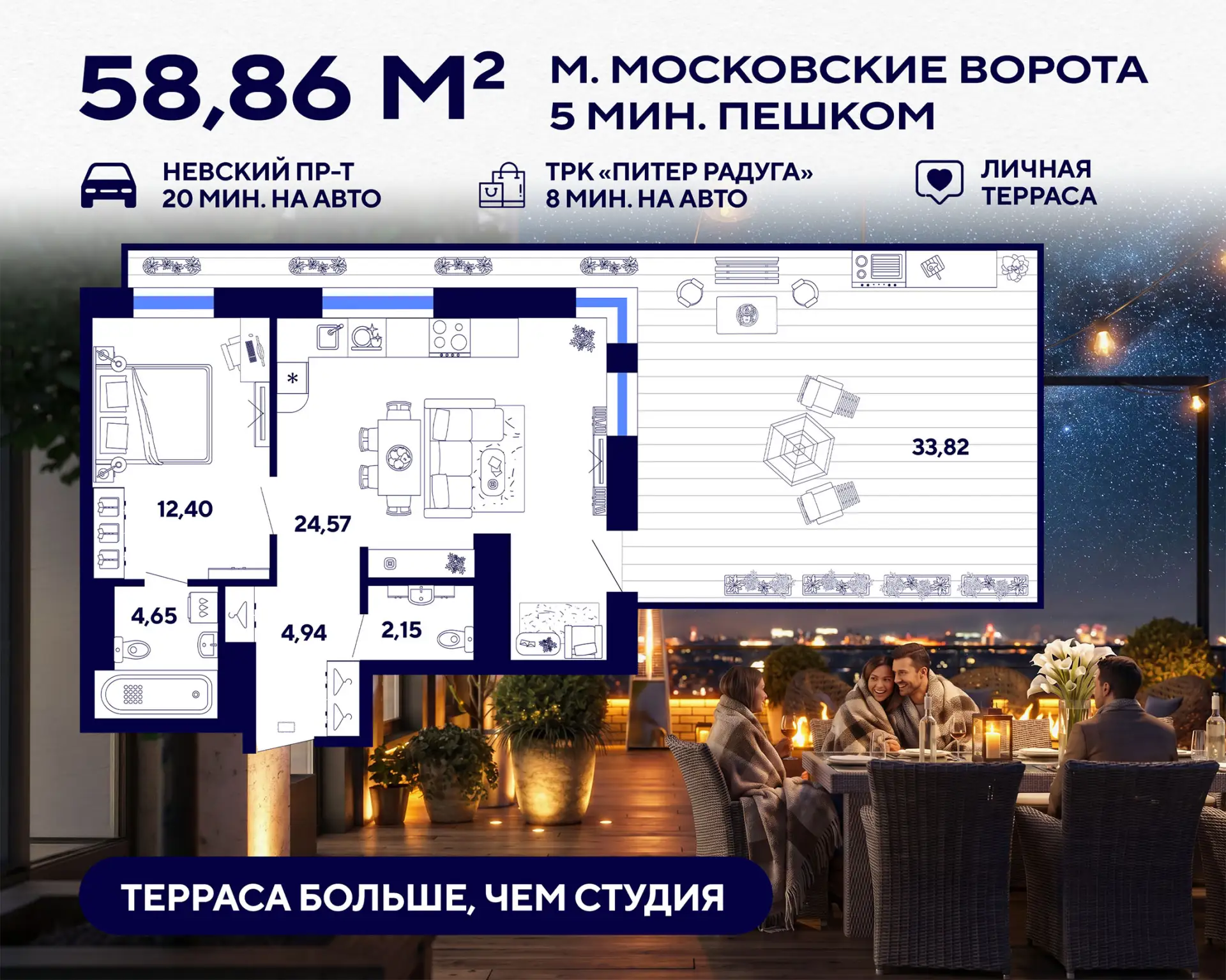 🌿 Ваша личная «вилла» у Московских ворот: евродвушка с террасой 33 м² в клубном доме

#планировка_н