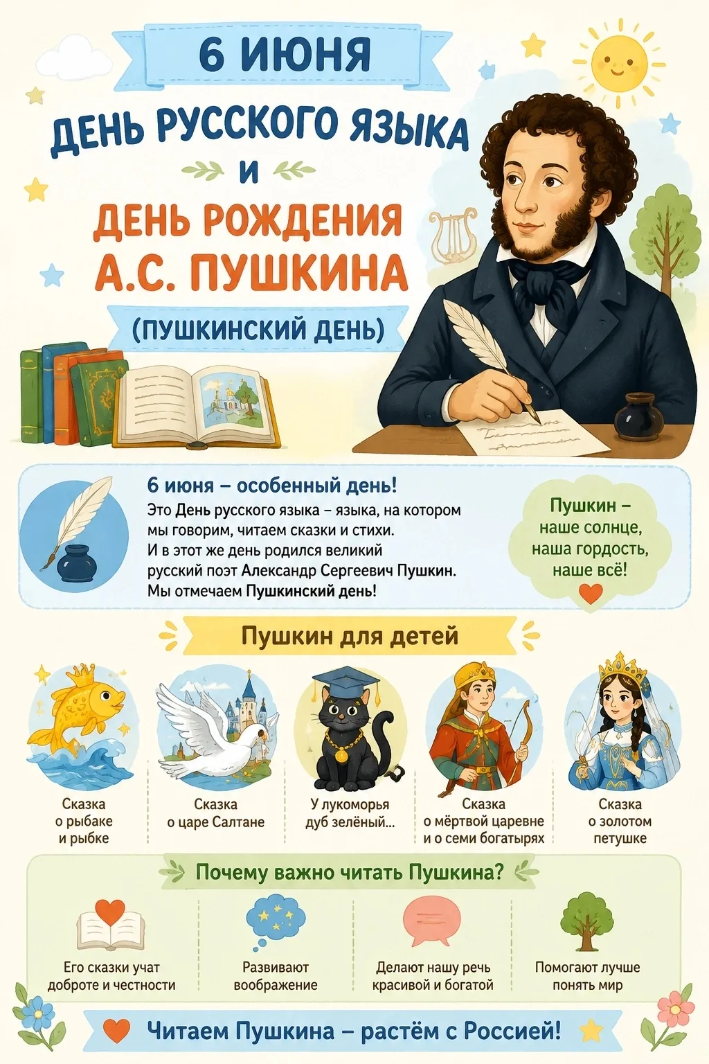 6 июня — День русского языка и день рождения А.С. Пушкина! 📖✨

Сегодня особенная дата. Мы отмечаем 