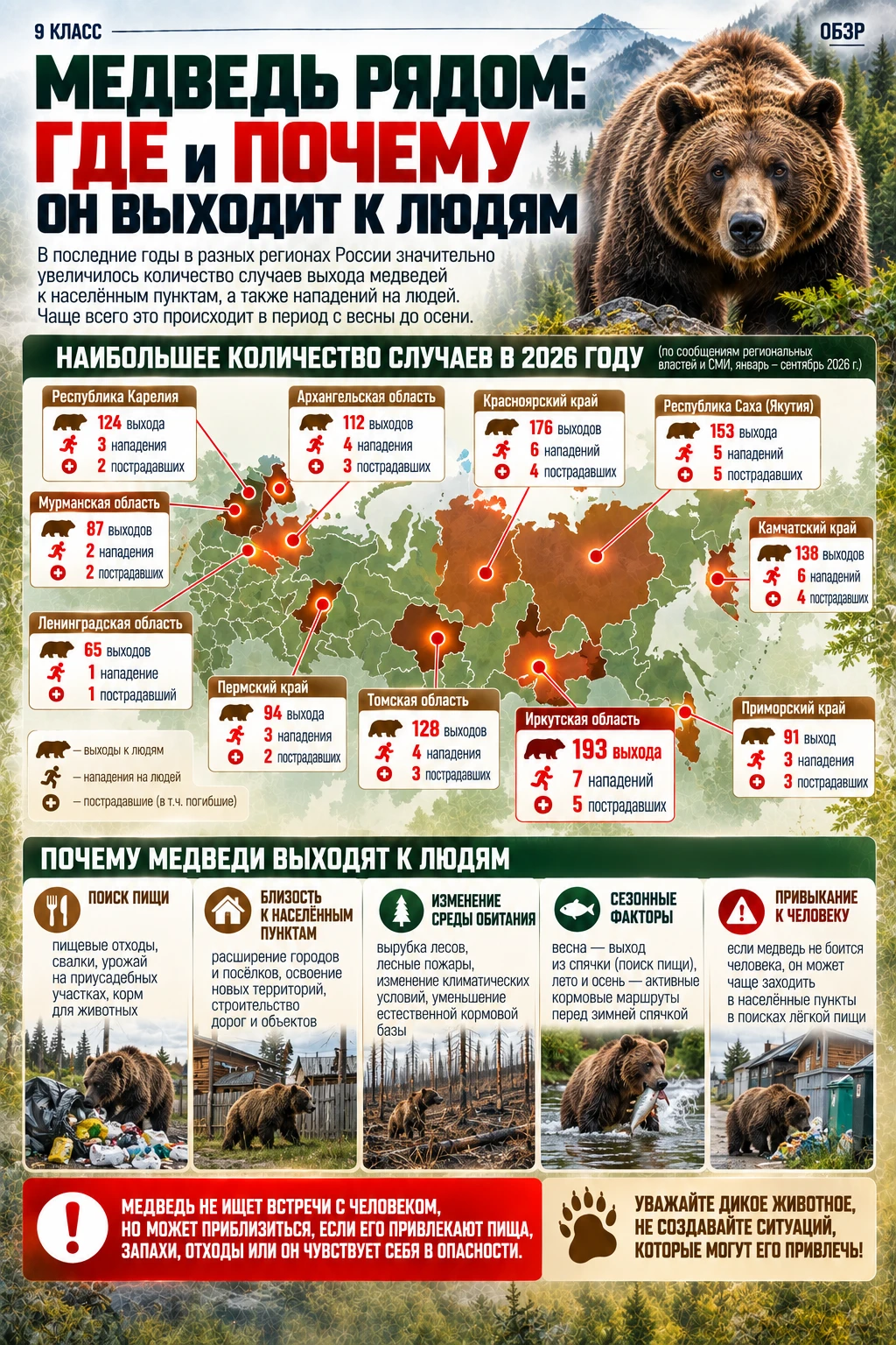 🆘 Коллеги, в последнее время в разных регионах России участились случаи выхода медведе...