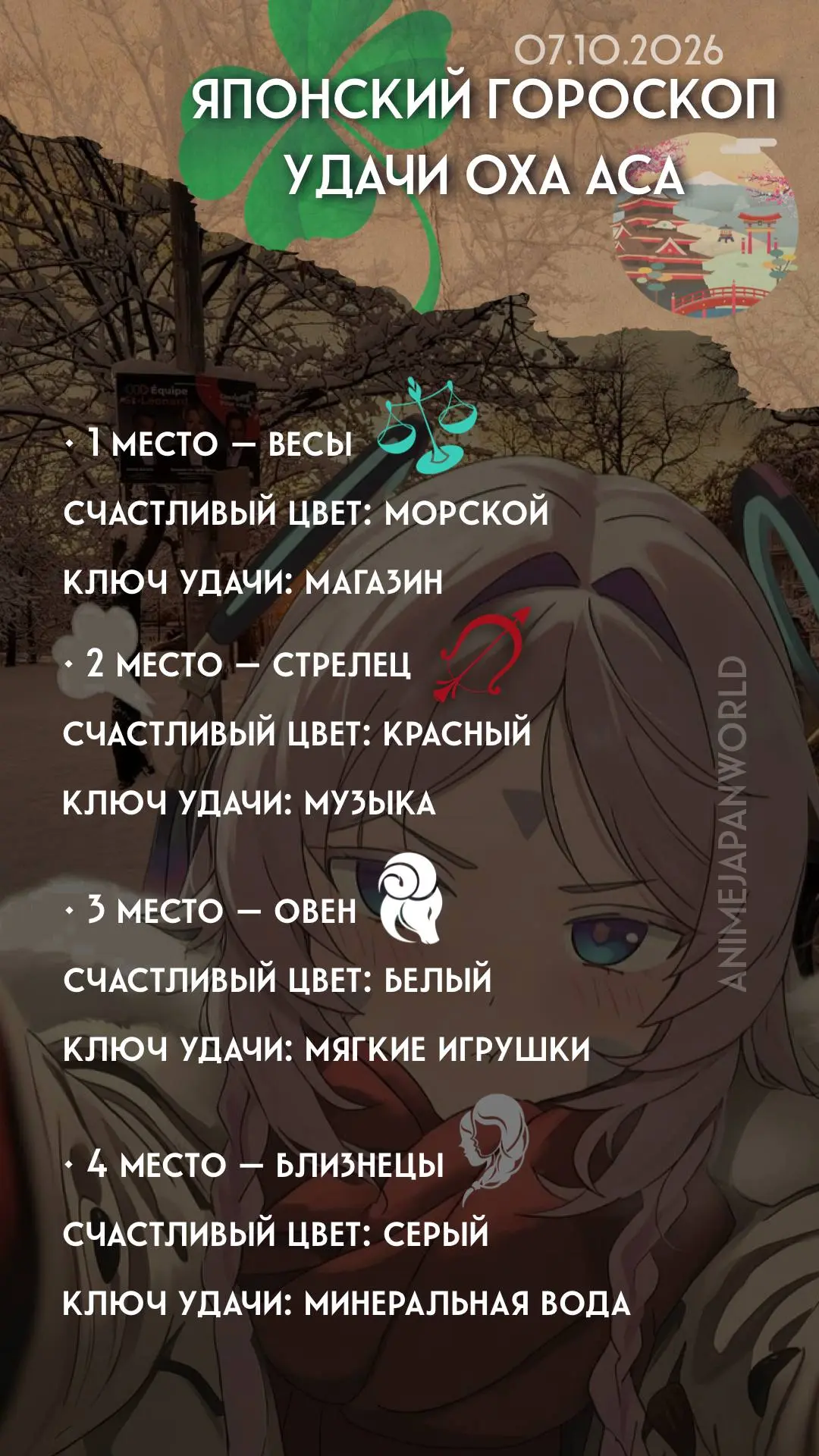 • Японский гороскоп удачи  на сегодня (07.10.2026) 🗾 Всем отличного дня!