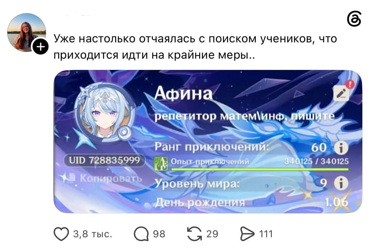 Репетиторы отчаялись и начали искать себе учеников прямо в... Genshin Impact