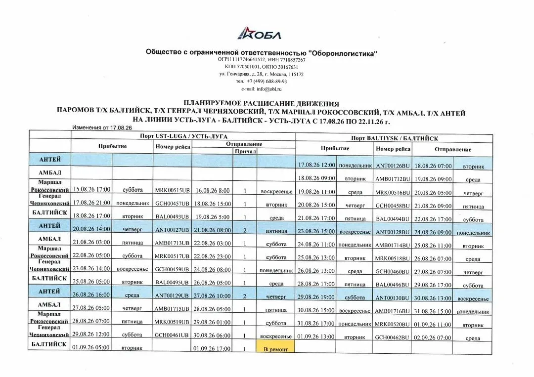 Расписание паромов, работающих  на линии "Усть-Луга  - Балтийск" с 17.08.2026.