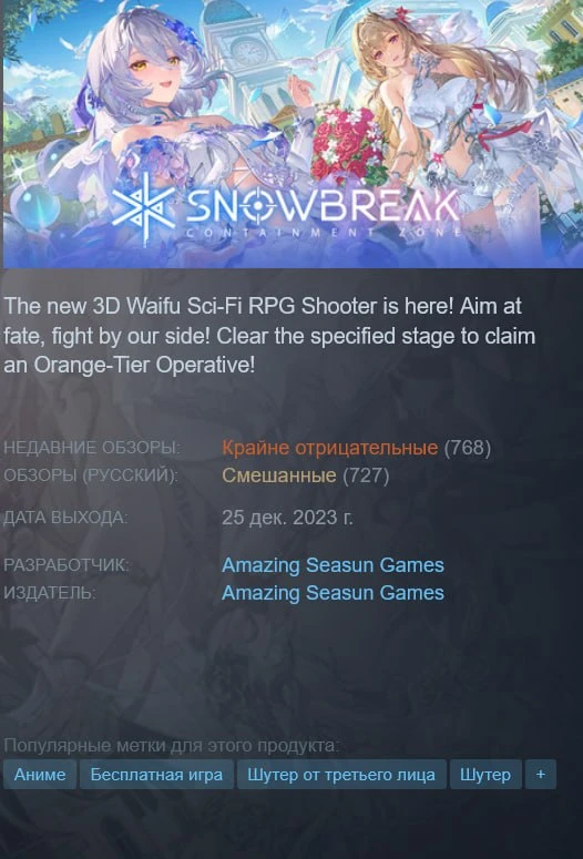 Оценки Snowbreak летят вниз  Новая цензура никому не понравилась, игроки массово ревью-бомбят игру в