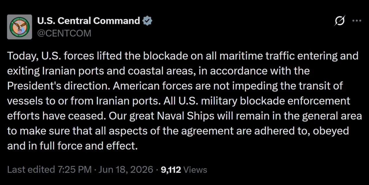 CENTCOM США подтвердил снятие морской блокады с Ирана в соответствии с заключенным меморандумом и за