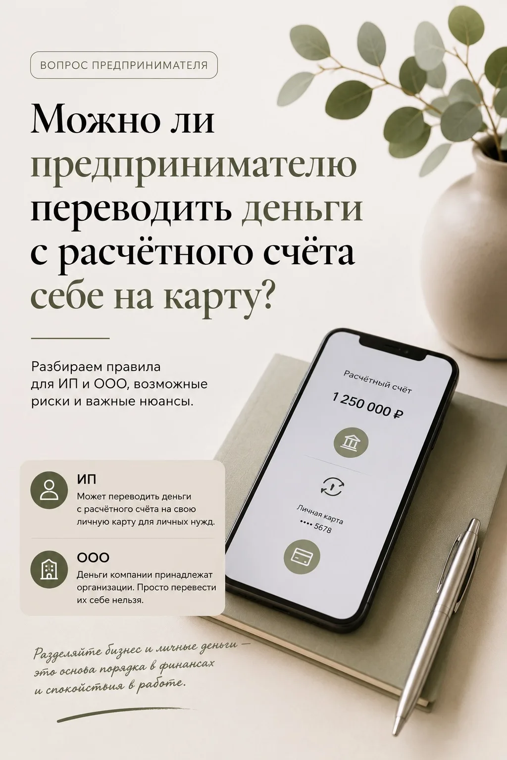 ❓ Можно ли предпринимателю переводить деньги с расчётного счёта себе на карту?