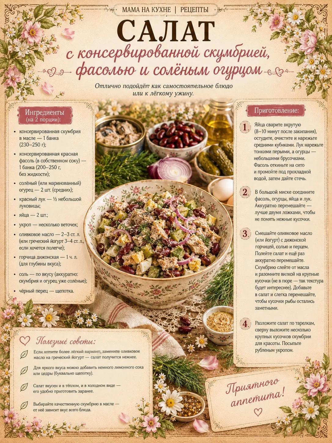 🌸 Салат с консервированной скумбрией, фасолью и солёным огурцом 🌸