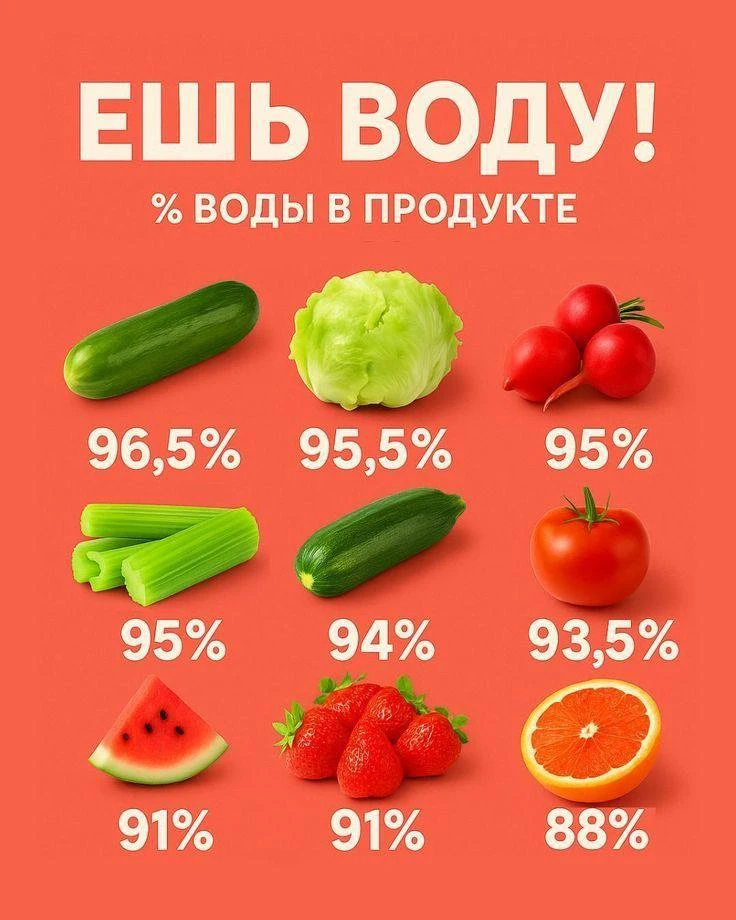 Процент воды в продуктах.