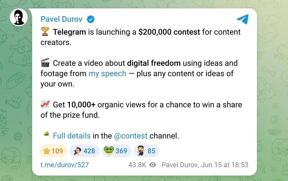 💰 За лучший рилс или тикток о цифровой свободе Telegram заплатит 15 млн рублей