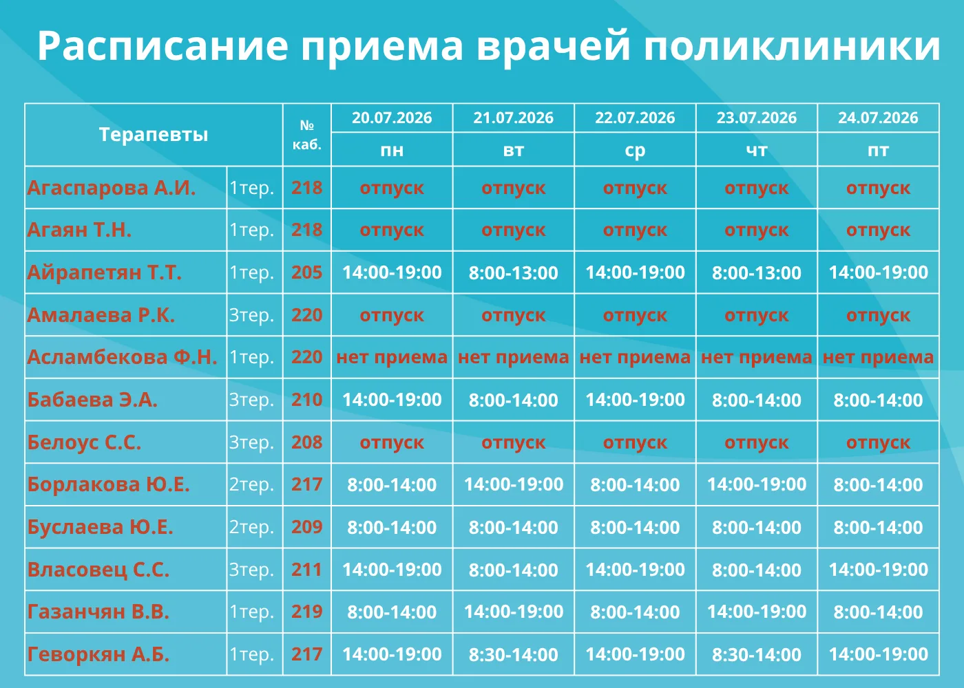 🗓РАСПИСАНИЕ РАБОТЫ ПОЛИКЛИНИКИ

Часы приема врачей поликлиники с 20 по 24 июля. Режим работы терапе