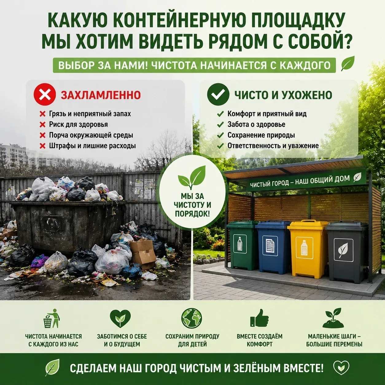 Выбор за нами🌿
В карточке можно увидеть выбор: в какой среде мы хотим жить - в чистой и ухоженной и