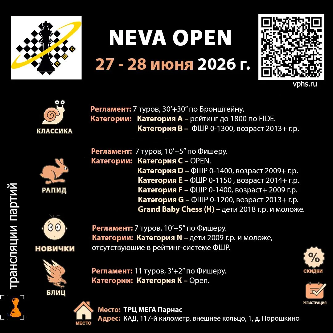 📢27-28 ИЮНЯ ПШС приглашает Вас на шахматный турнир NEVA OPEN!

📍Место проведения: ТРЦ МЕГА Парнас
