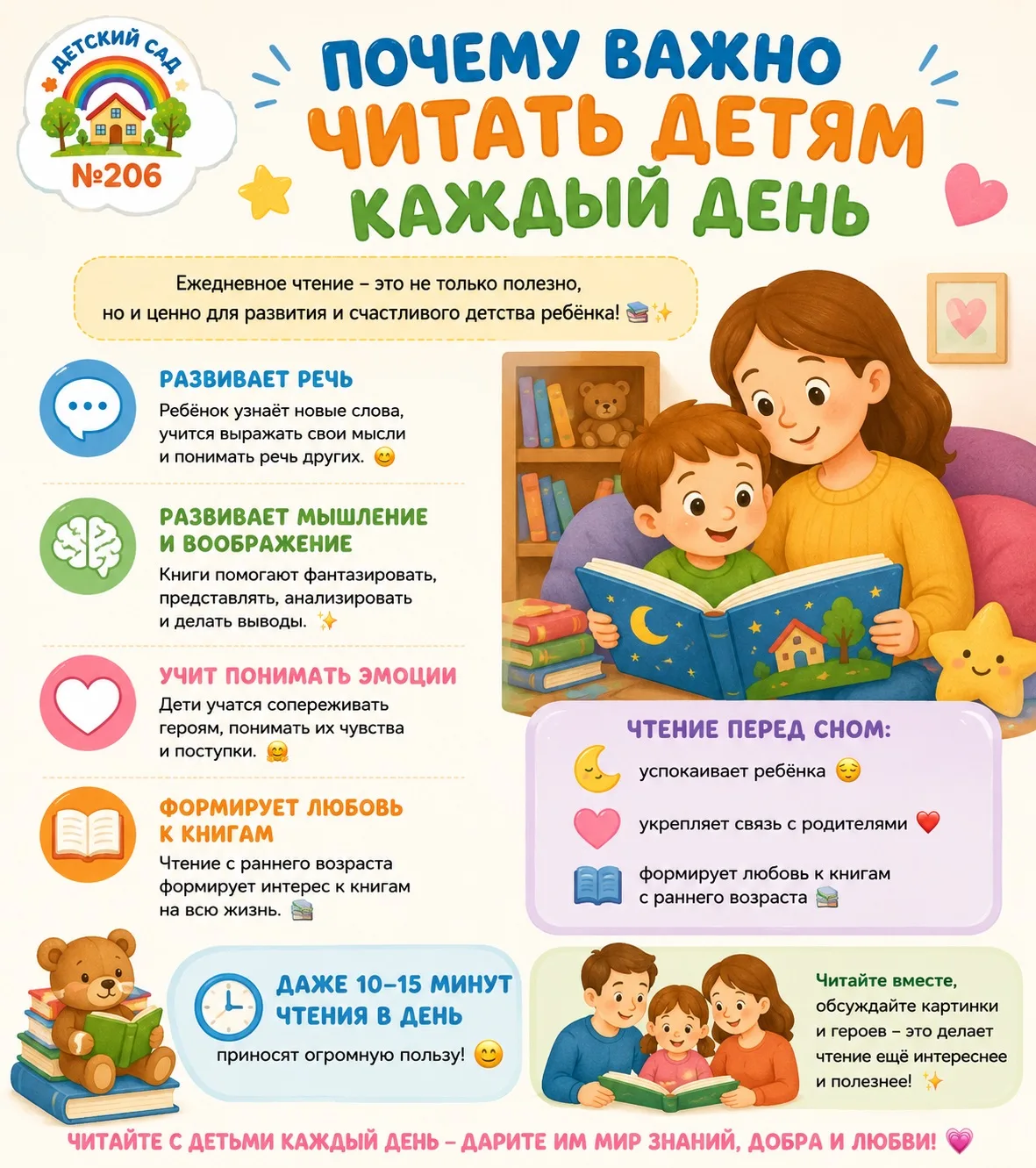 📚✨ Почему важно читать детям каждый день? ✨📚
Ежедневное чтение помогает ребёнку развивать речь, во