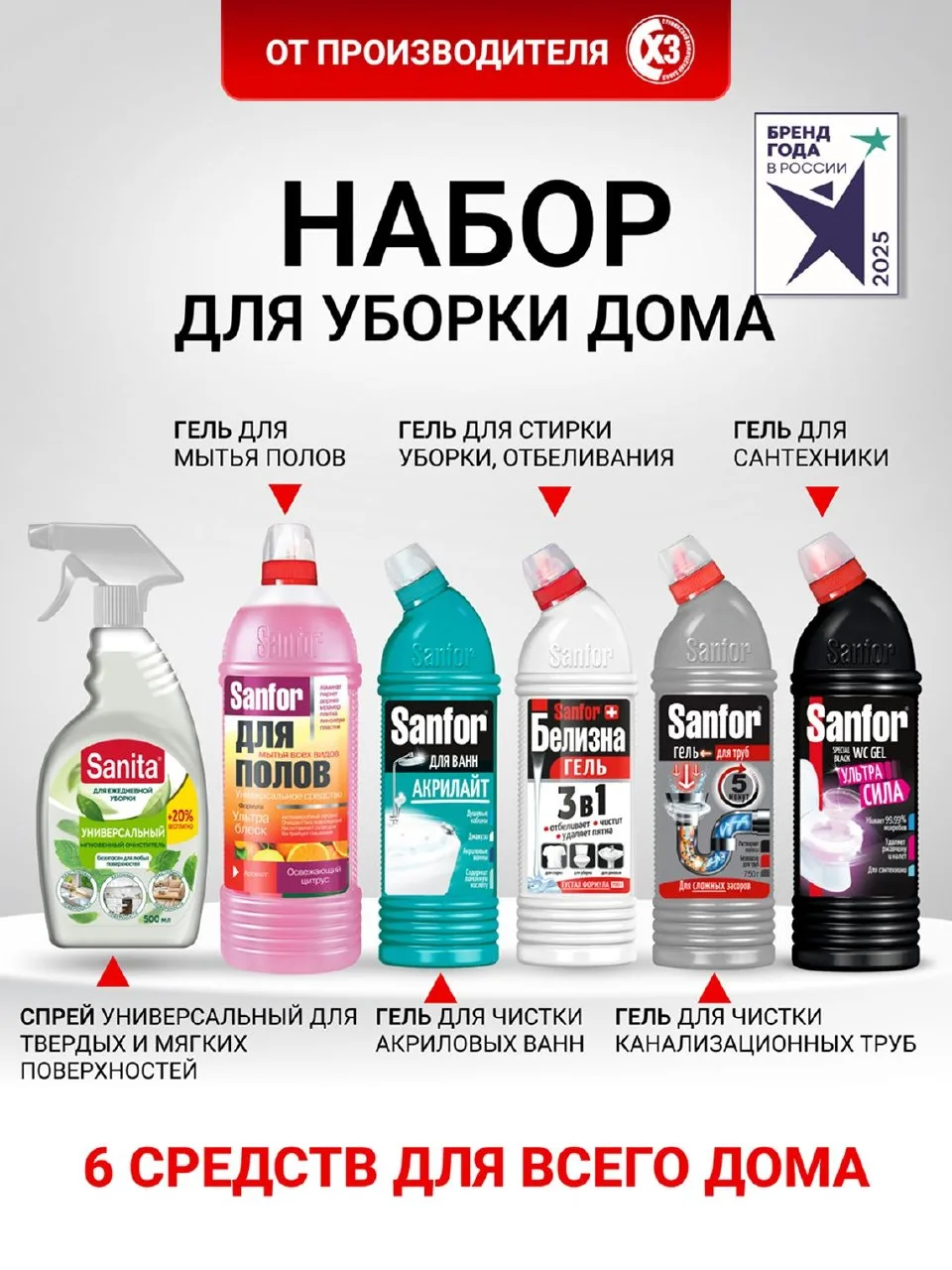 🟠 Набор чистящих и моющих средств для уборки дома, Sanfor 6 средств
