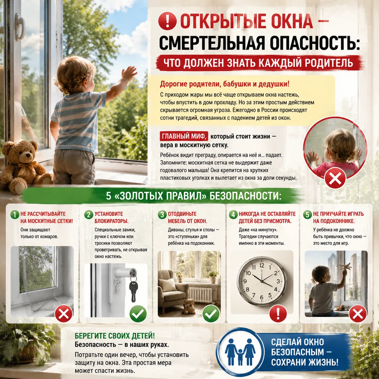 ❗ Открытые окна — смертельная опасность: что должен знать каждый родитель

С приходом летней жары мы
