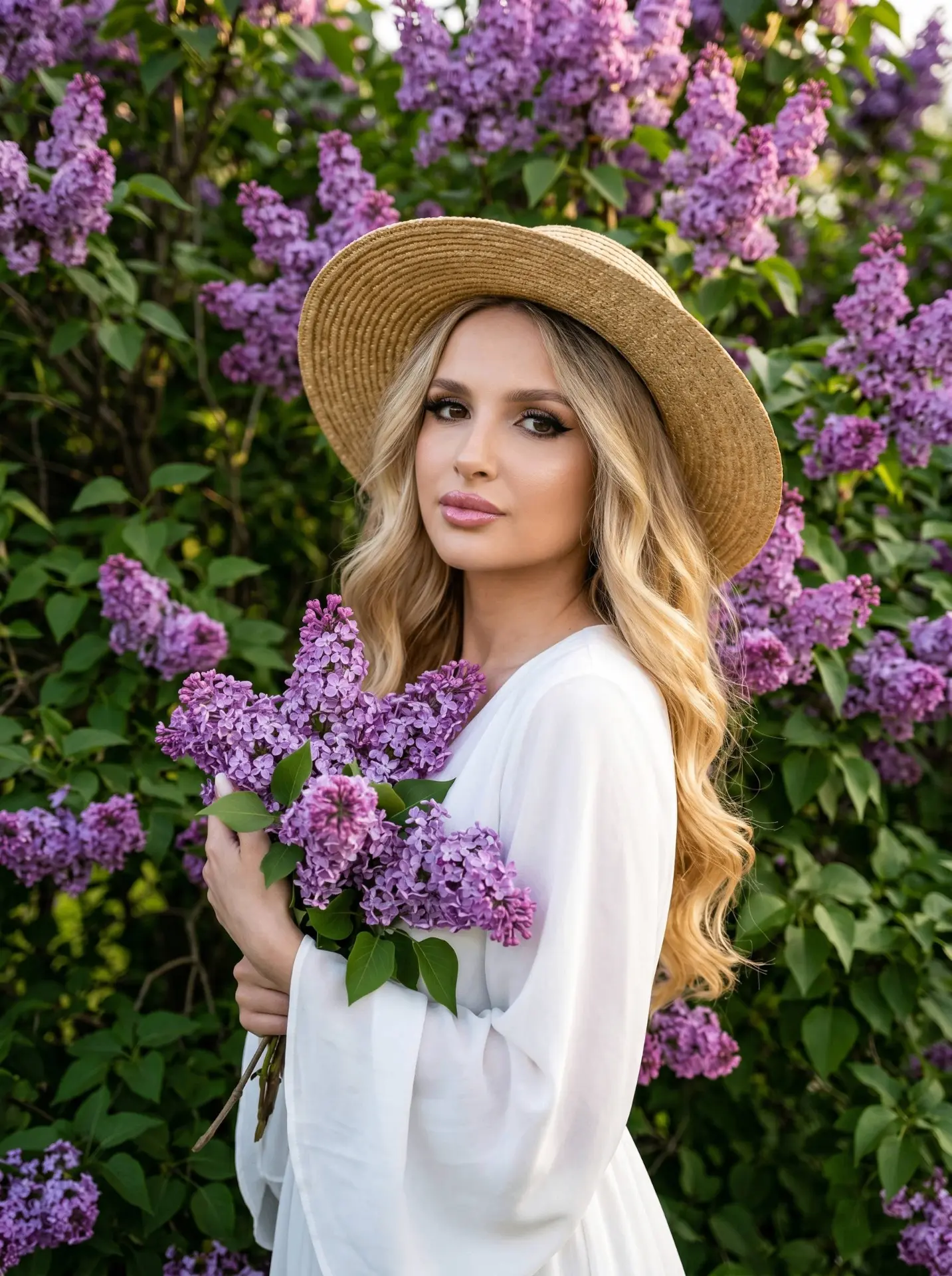 Main Subject: A woman with wavy hair stands slightly sideways to the camera among blooming lilac bus