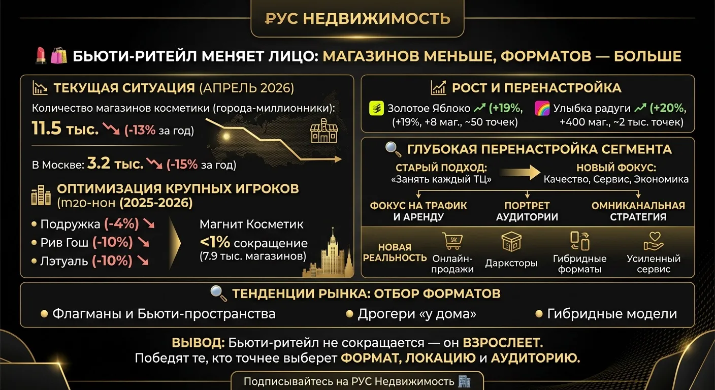 💄🛍️ Бьюти-ритейл меняет лицо: магазинов меньше, форматов — больше

За год количество магазинов кос