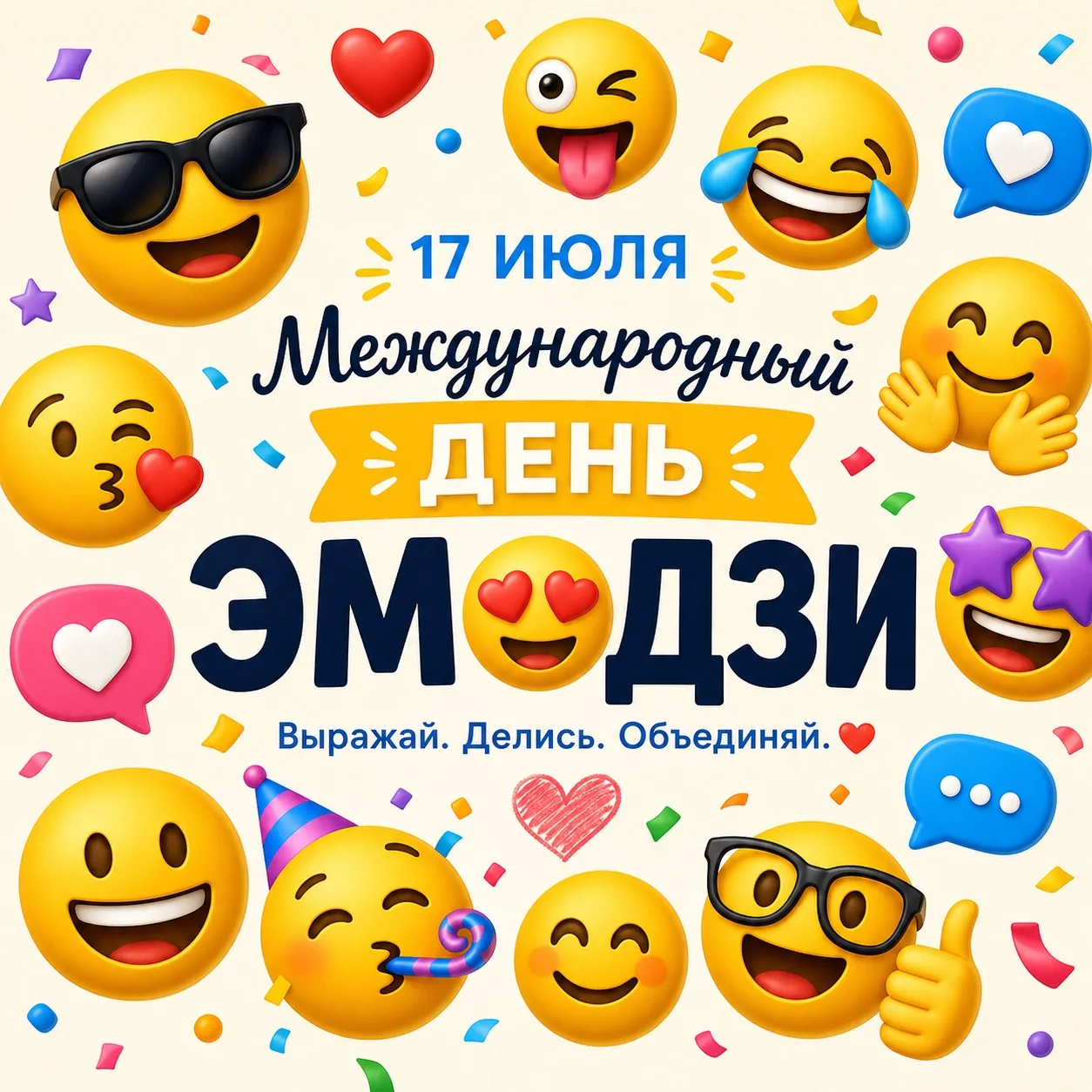 ✨ Международный день эмодзи! 🥳

🗓️ Сегодня, 17 июля, мы отмечаем Международный день эмодзи! Знаете