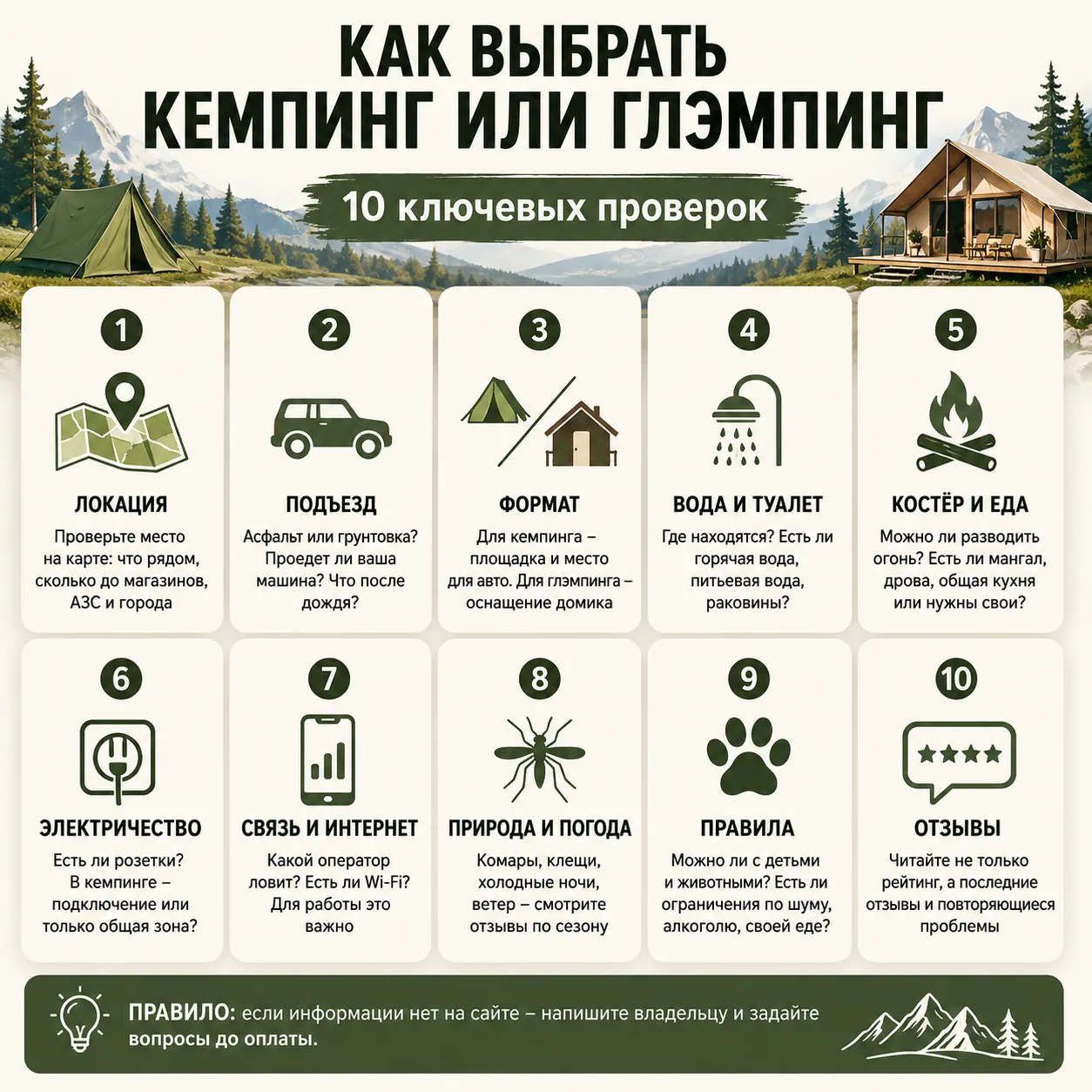 🏕 Как выбрать кемпинг или глэмпинг: 10 проверок перед бронированием