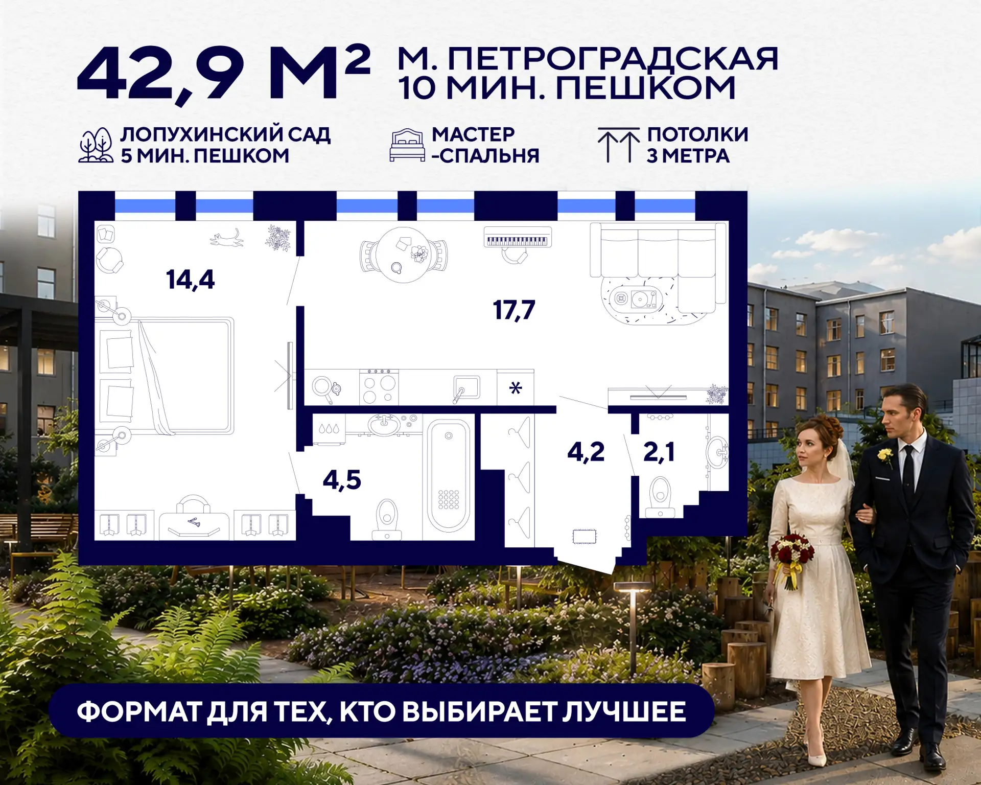 🕰 Однушка с мастер-спальней и кухней 17 м² в 10 минутах от «Петроградской»