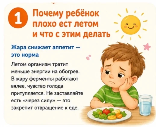 "Почему ребёнок плохо ест летом и что с этим делать"