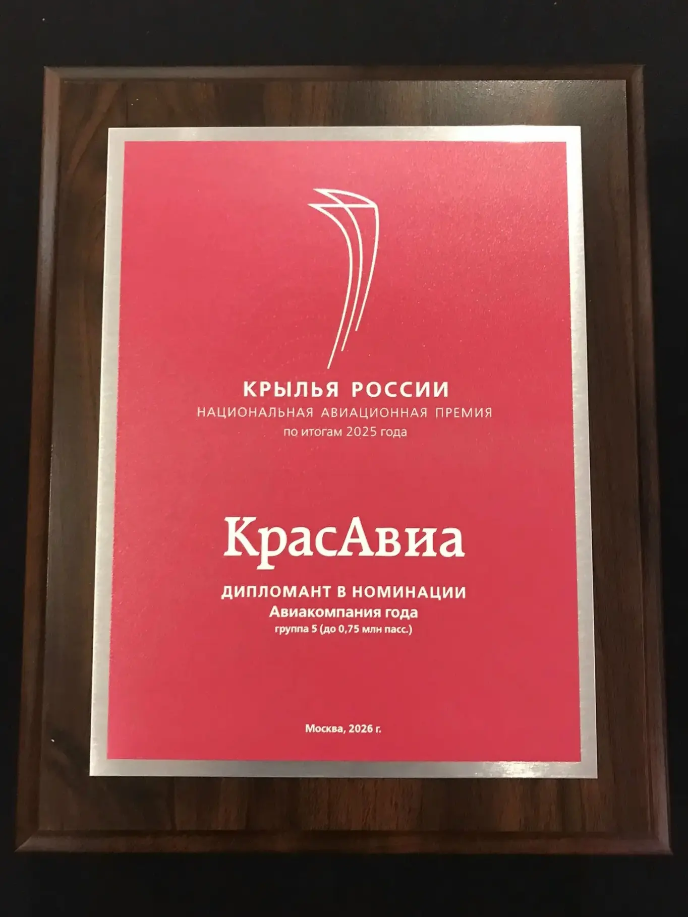 Авиакомпания «КрасАвиа» стала дипломантом национальной авиационной премии «Крылья России» по итогам 