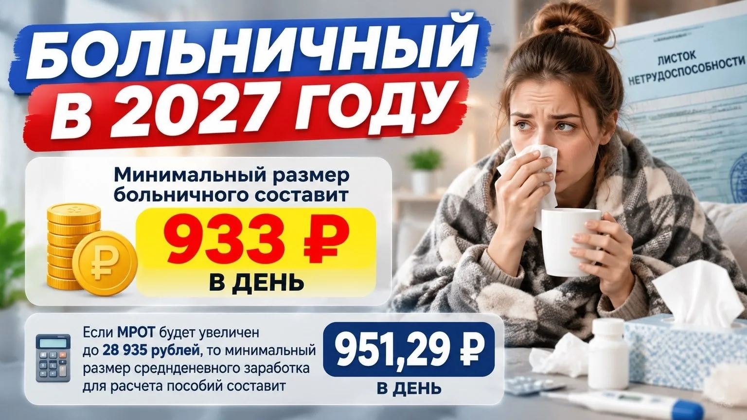 ⚡️Минимальный размер больничного в России в 2027 году составит 933 рубля в день, сообщи...