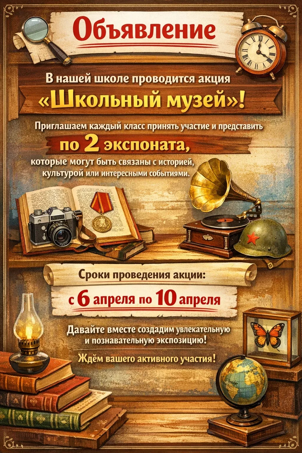 📢 Объявление В нашей школе проводится акция «Школьный музей»! Приглашаем каждый класс принять участи