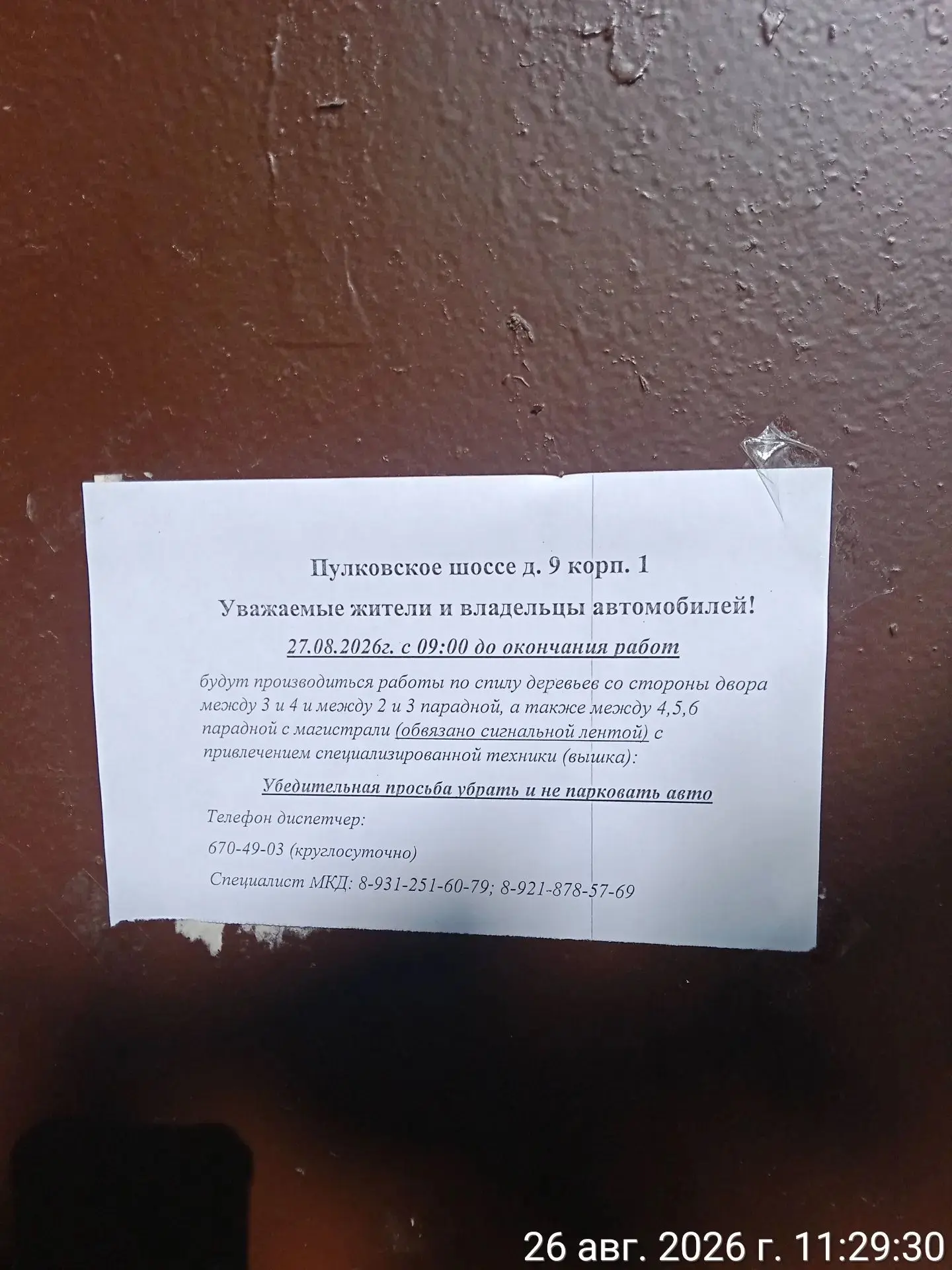 Информирование собственников о спиле деревьев с 09:00 27.08.2026 г. по адресу: Пулковск...