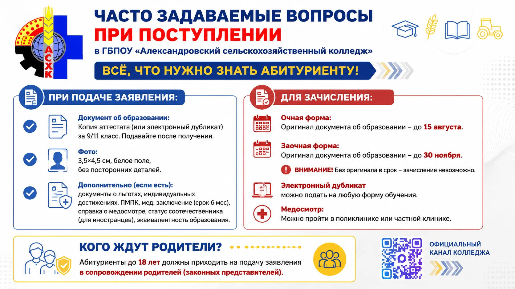 ❓ Часто Задаваемые Вопросы при поступлении в АСХК ❓

Планируете поступать в наш колледж? Мы собрали 