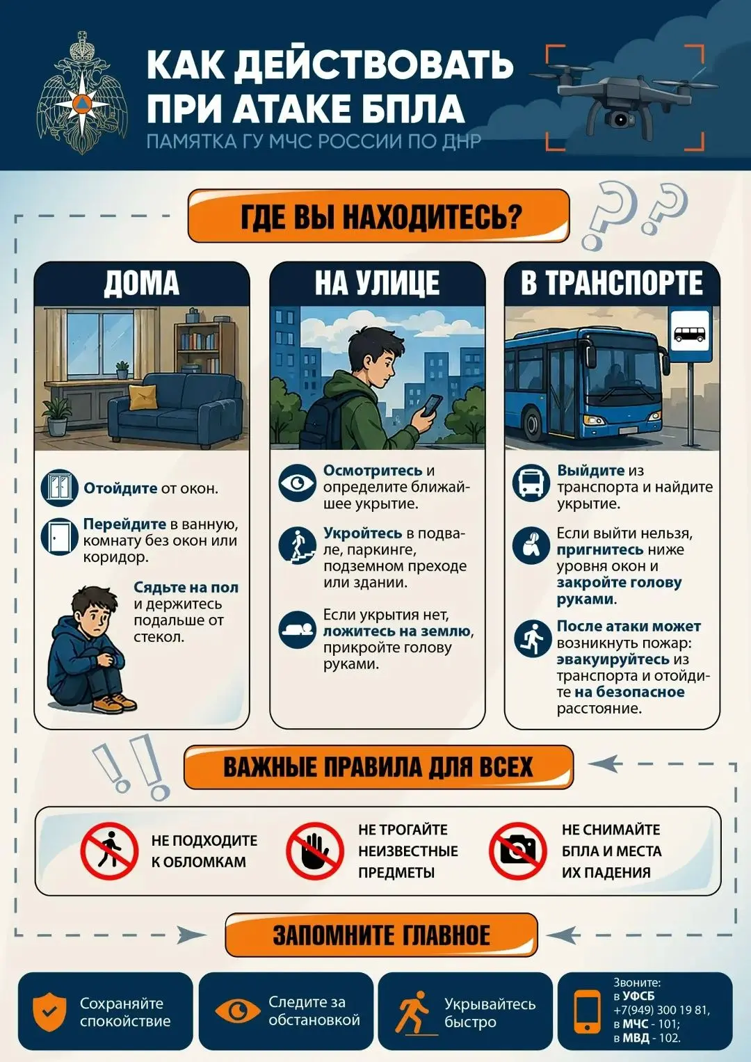Увидели БПЛА?
Сохраните памятку от ГУ МЧС России по ДНР — вся информация в одной картинке: алгоритм 