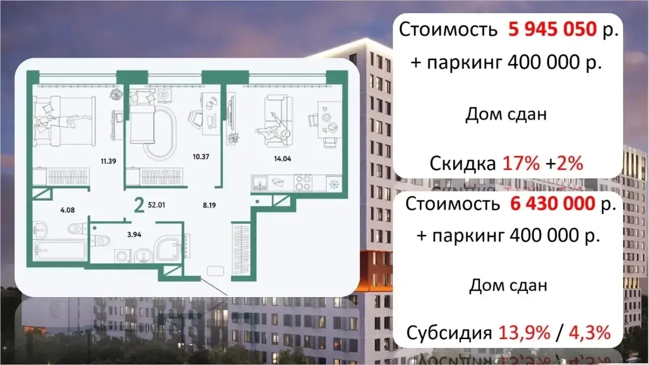 двушка в готовом доме за 5.945.000₽ с платежами 28.479₽

Либо со ставкой 4,3% и платежами 25.424₽

П