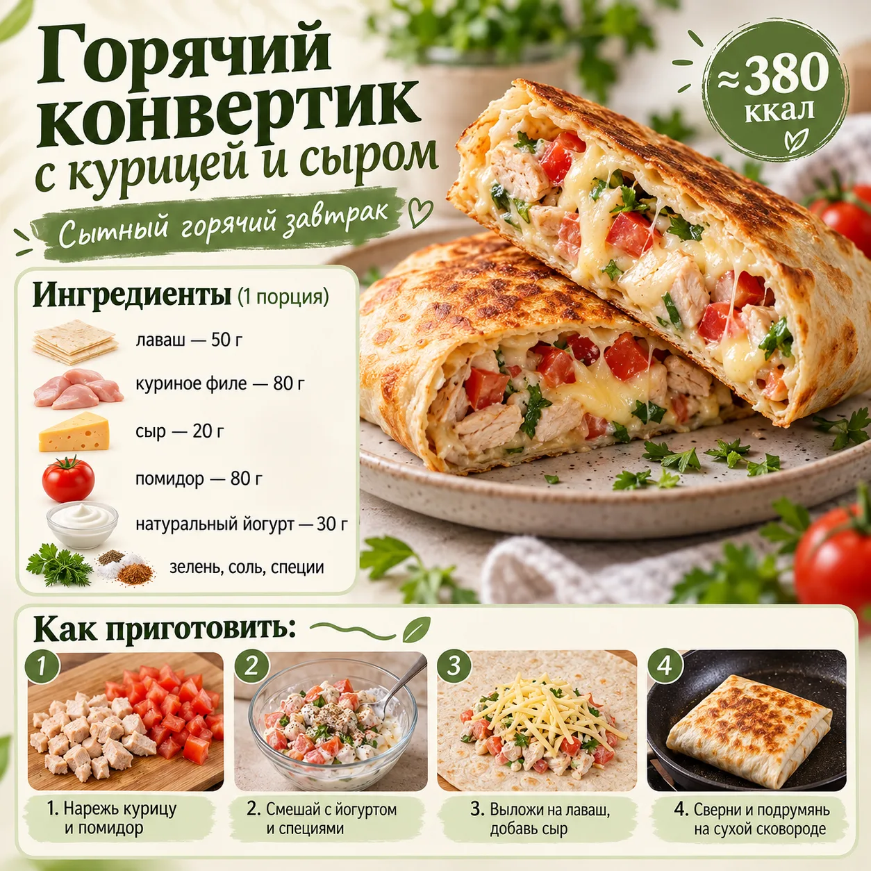 ГОРЯЧИЙ КОНВЕРТИК С КУРИЦЕЙ И СЫРОМ — ≈380 ККАЛ