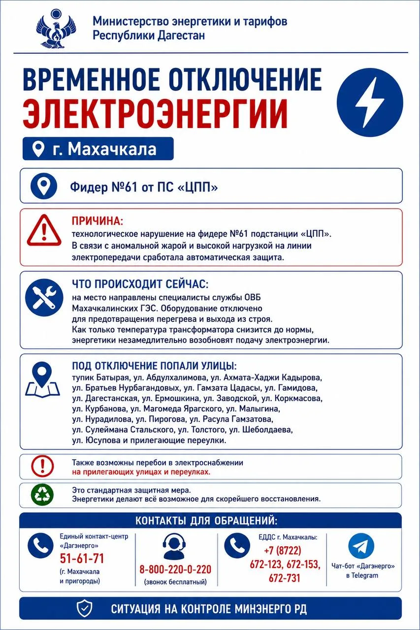 ⚡️Временное отключение электроэнергии в Махачкале

📌Фидер №61 от ПС «ЦПП», г. Махачкала
тупик Батыр