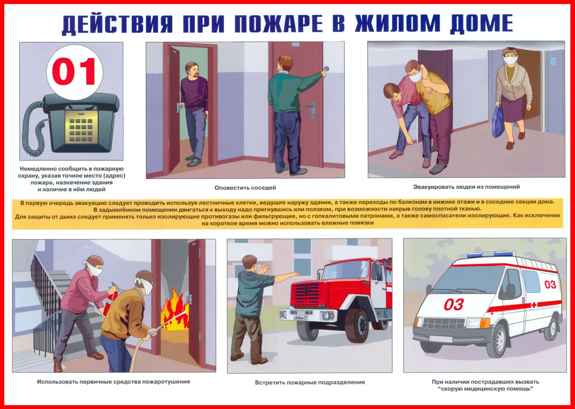 Действия в случае возникновения пожара в жилых помещениях: