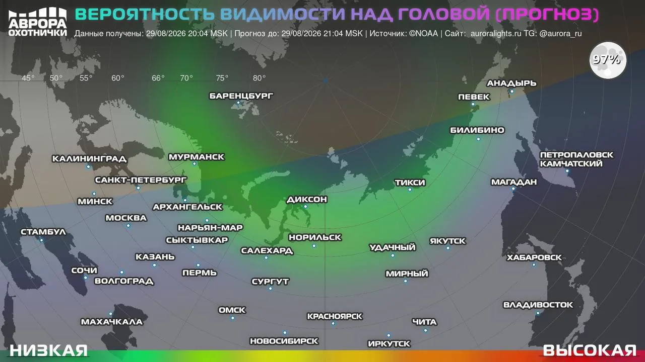Сегодня обстановка пока спокойная. Сияние если и видно, то скорее на широтах полярного ...
