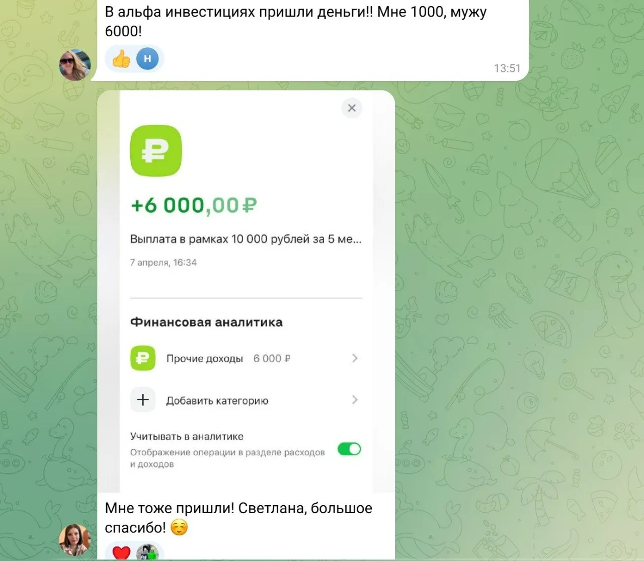 Проверяйте свои Альфа инвестиции, мужу вчера тоже деньги пришли. Мы все участвуем в разных акциях, в