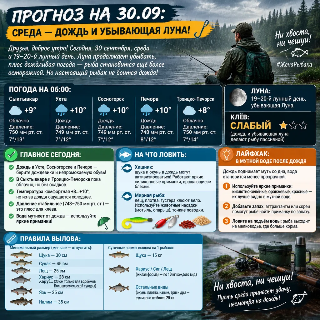 ПРОГНОЗ НА 30.09: СРЕДА — ДОЖДЬ И УБЫВАЮЩАЯ ЛУНА! 🎣
