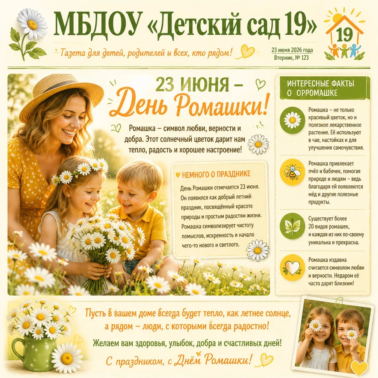 🌼🎉 Дорогие ребята и родители! 23 июня мы отметим замечательный праздник — День Ромашки! 🌸💛

Это 