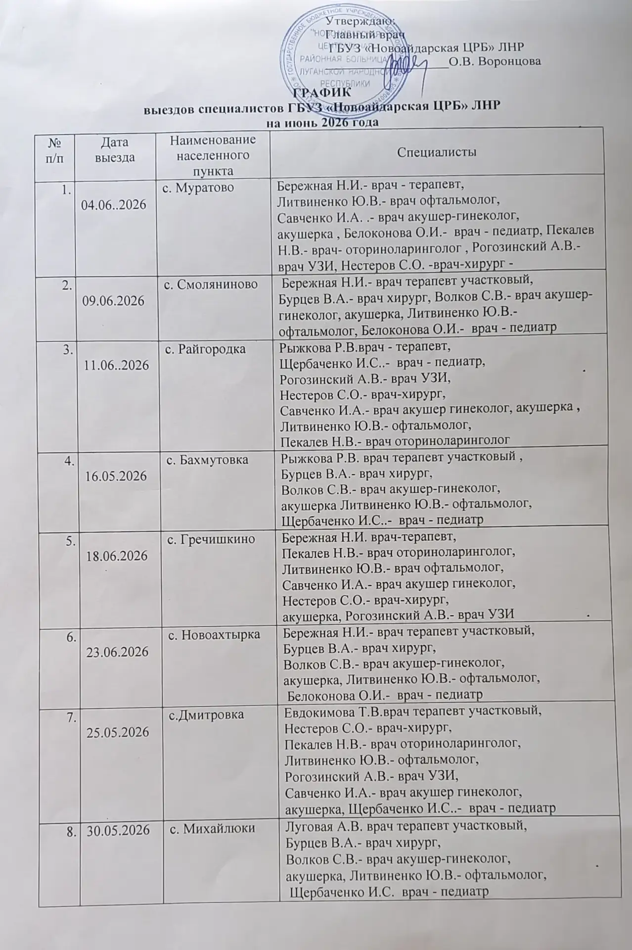📅 График выездов специалистов ГБУЗ "Новоайдарская ЦРБ" ЛНР на июнь 2026 года