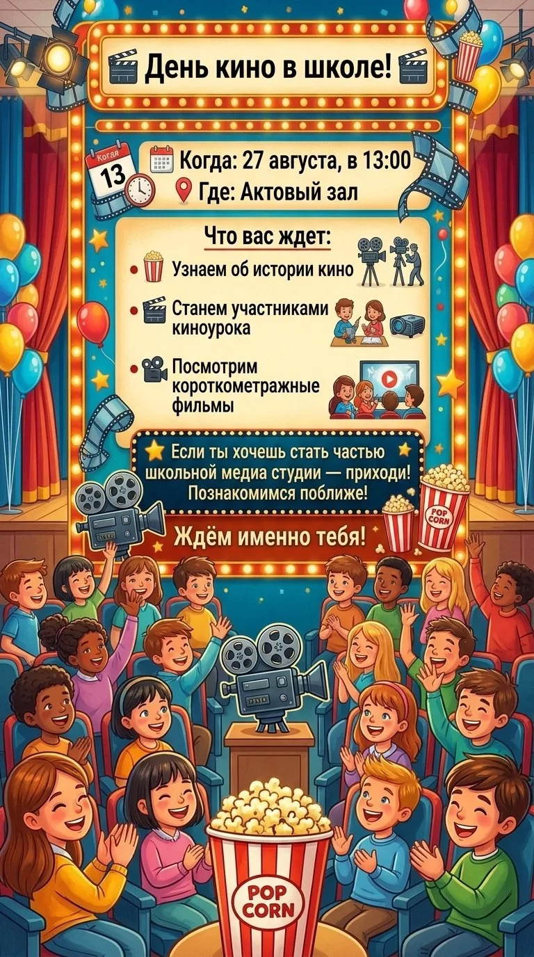 Приглашаем всех желающих учеников 5-11 классов присоединиться к празднованию Дня кино.