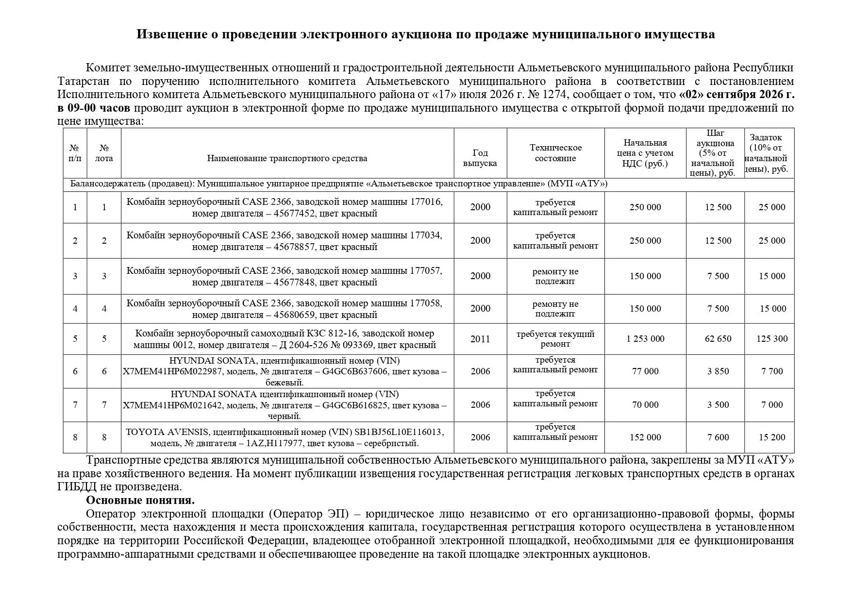 На 02 сентября 2026 г. на 09.00 ч. назначен электронный аукцион по продаже муниципально...
