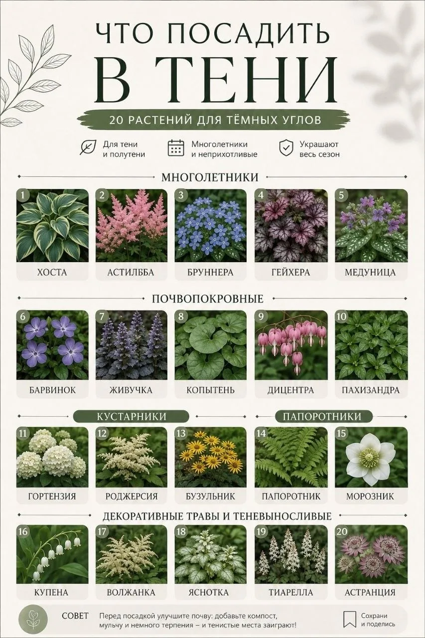 🌿 20 растений, которые действительно растут в тени
